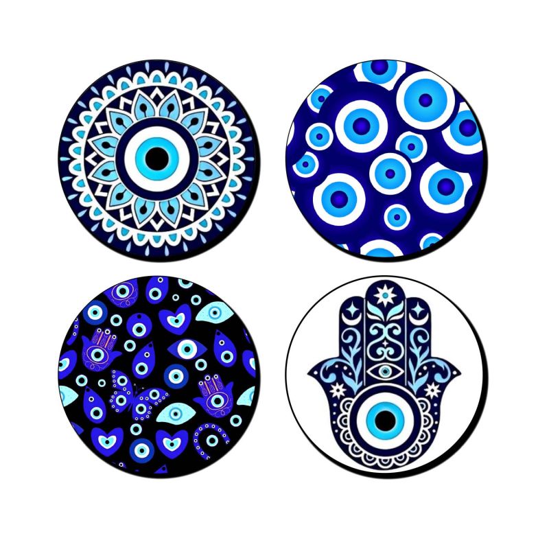 Set of 4 Evil Eye & Hasma Hand Printed Wooden Coaster for Tea Cups, Coffee Mugs and Glasses